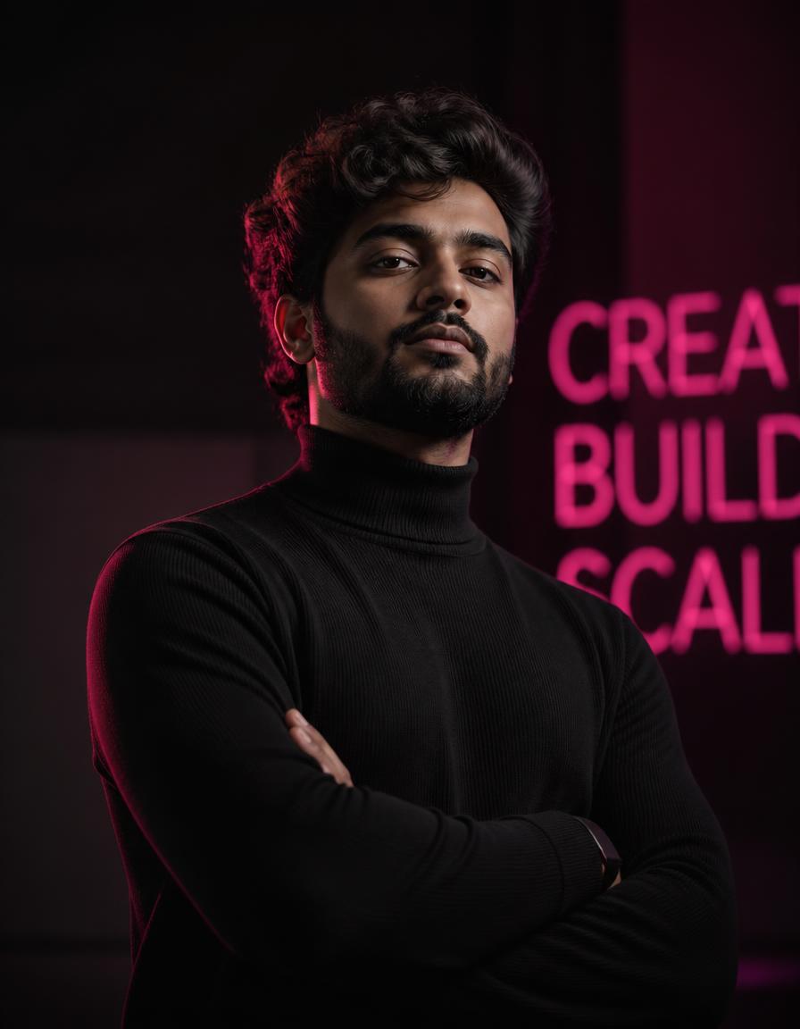 Founder of OneAdMedia standing in a neon-lit studio